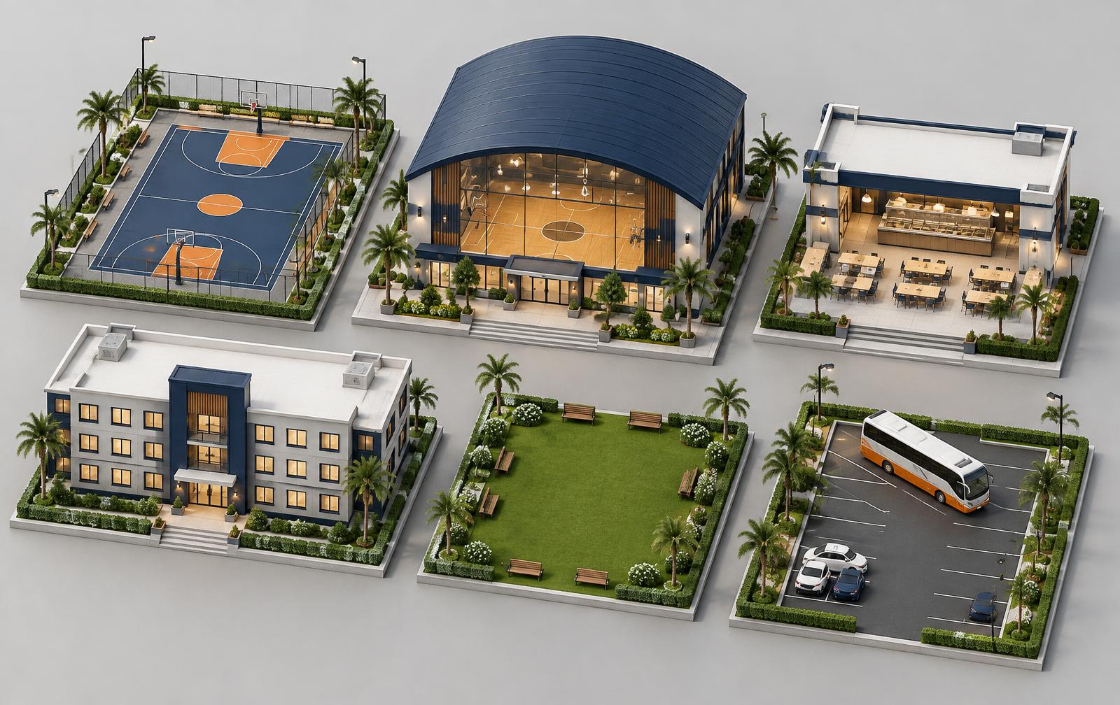 Illustration of the camp: gym with basketball court, cafeteria, dormitory, lawn and parking