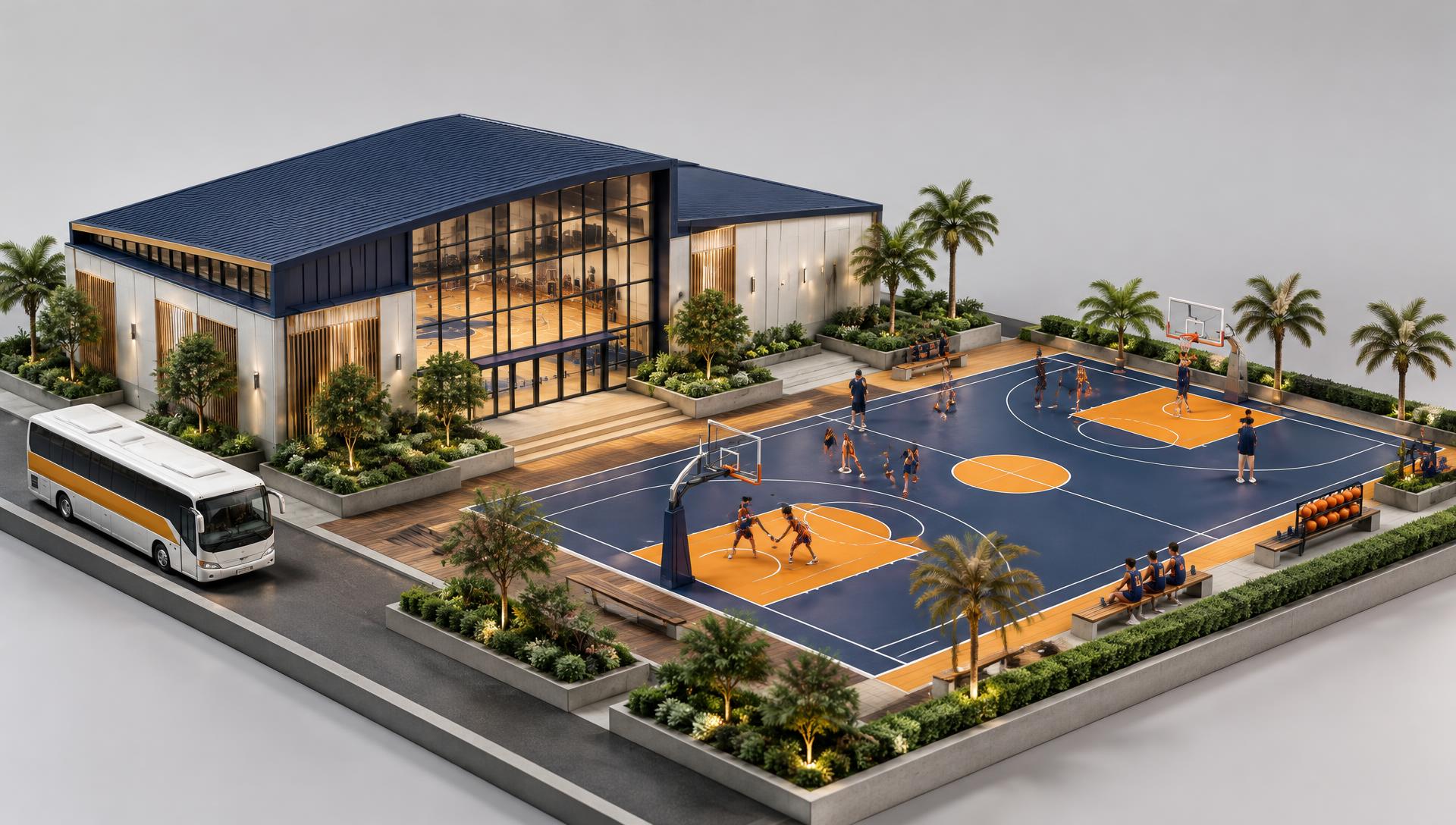 Miniature model of the camp: gymnasium with an oceanfront court and team bus